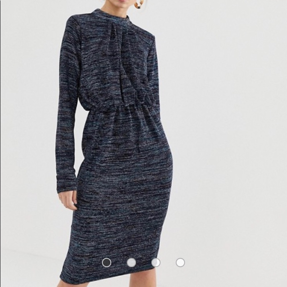 glittery high neck midi dress in blue